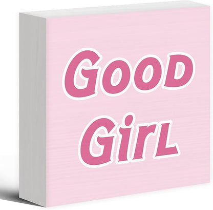 Trendy Coquette Wood Box Sign Desk Decor, Girly Pink Preppy Decor, Good Girl Wooden Block Sign Decorations for Home College Apartment Teen Girl Room Bedroom Living Wall Tabletop Shelf Decor