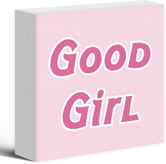 Trendy Coquette Wood Box Sign Desk Decor, Girly Pink Preppy Decor, Good Girl Wooden Block Sign Decorations for Home College Apartment Teen Girl Room Bedroom Living Wall Tabletop Shelf Decor