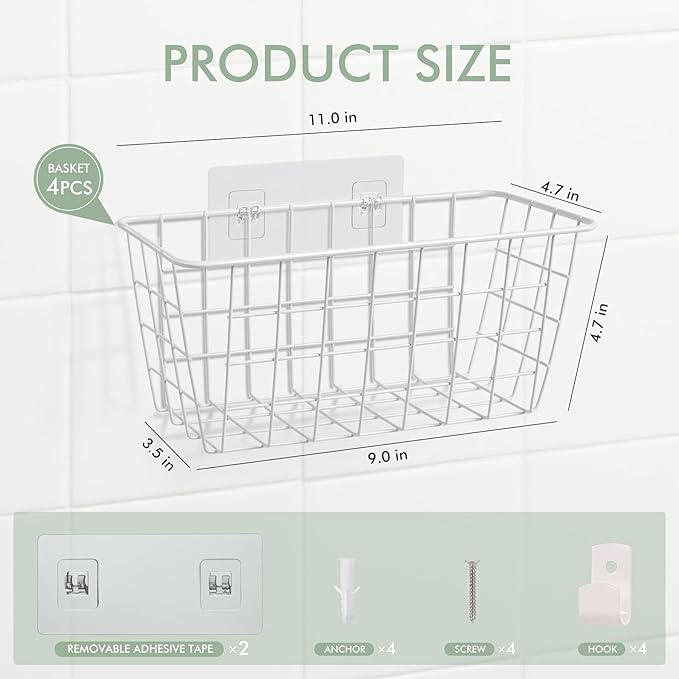 Wire Hanging Wall Basket, 4 White Baskets Set Adhesive Wall Mount Organizer for Pantry Kitchen RV Bathroom Cabinet Storage Organization