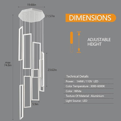 Modern Adjustable Height Pendant Light White 144W LED Pendant Lights 8 Rings Rectangular Chandelier Staircase Large Chandelier Lobby Living Room Kitchen Island Foyer High Ceiling Chandeliers