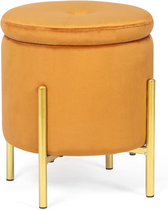 Adeco Upholstered Tufted Round Storage Ottomans, Orange Modern Velvet Footrest Ottomans with Storage for Couch