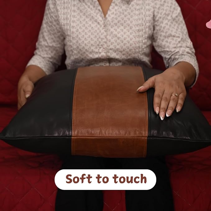 Lambskin Leather Pillow Cover - Sofa Cushion Case - Decorative Throw Covers for Living Room & Bedroom, 18x18 Inches - Black and Tan Crunch Plain Pack of 1