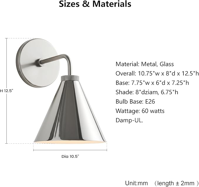 Retro Industrial Metal Cone Wall Light - Vintage Inspired Modern Silver Wall Sconce with Metal Shade, Wall Mount Lighting for Bedroom, Hallway, Living Room (10.5“W x 10.5" L x 12.5" H Silvery)