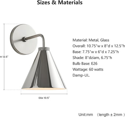Retro Industrial Metal Cone Wall Light - Vintage Inspired Modern Silver Wall Sconce with Metal Shade, Wall Mount Lighting for Bedroom, Hallway, Living Room (10.5“W x 10.5" L x 12.5" H Silvery)