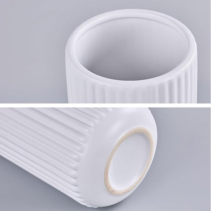 White Ceramic Flower Vase for Pampas Grass, 6 inch Small Decorative Centerpiece Ribbed Vase for Dining Table, Office Desktop, Shelf Bookshelf, Mantel, Bathroom, Countertop, Farmhouse, Gift