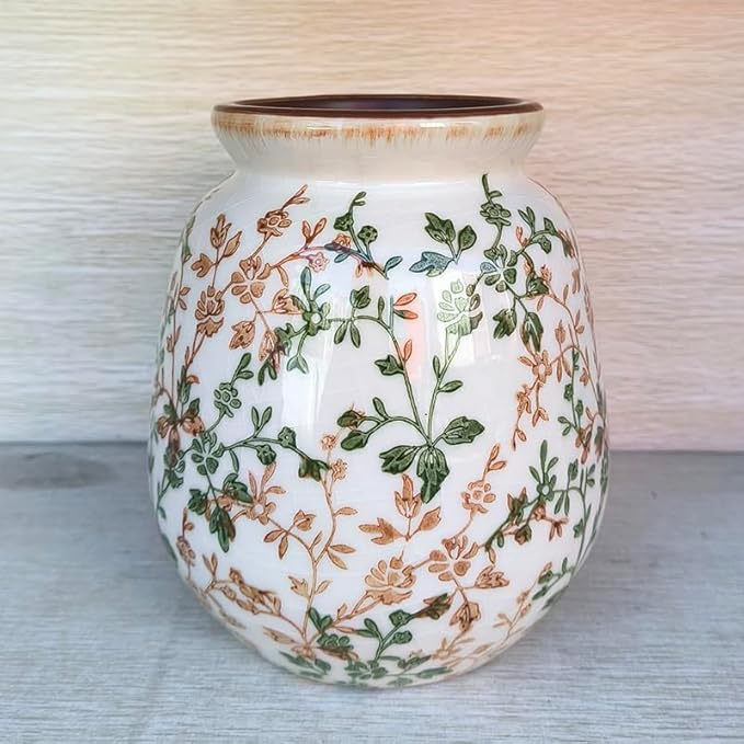 SIDUCAL Ceramic Vintage Pastoral Vase, 7.2 Inch Chinoiserie Floral Vase, Retro Ice Cracked Rustic Farmhouse Vases for Home Decor, Living Room, Bookshelf, Office, Tuscan Decor, Green and Beige