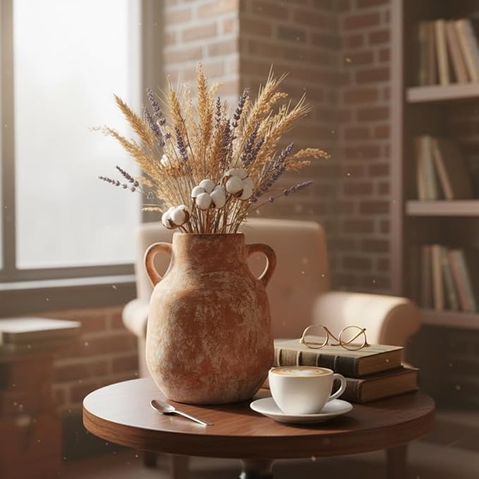 Ceramic Flower Vase with Handles,7.6 inch Farmhouse Vase,Rustic Vintage Terracotta Vases for Home Decor,Living Room,Kitchen Shelf,Table,Fireplace,Holiday & Weddings Centerpiece (Terracotta-M-822)