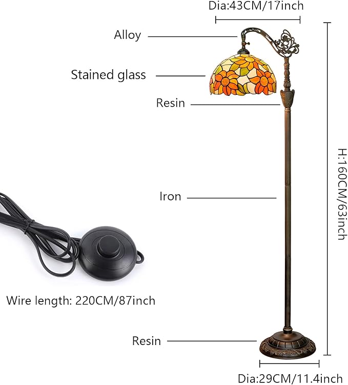 Tiffany Floor Lamp Yellow Sunflower Stained Glass Gooseneck Reading Floor Lamp Adjustable Corner Standing Light with Foot Switch for Bedroom Living Room Office (Bulb Included)