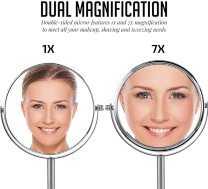 OVENTE 6'' Tabletop Makeup Mirror with 1X/7X Magnification, 360° Swivel Design, Double-Sided Free-Standing Vanity Mirror Perfect for Dresser, Bedroom and Office Desk, Nickel Brushed MNLT60BR1X7X