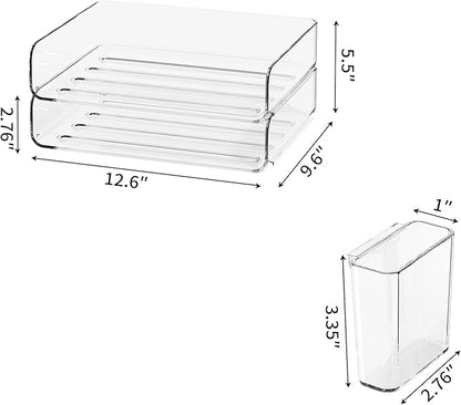 2-Tier Office Organizer with Pen Holder, Stackable Paper Tray for Files, Letters, Books, Clear Paper Folder