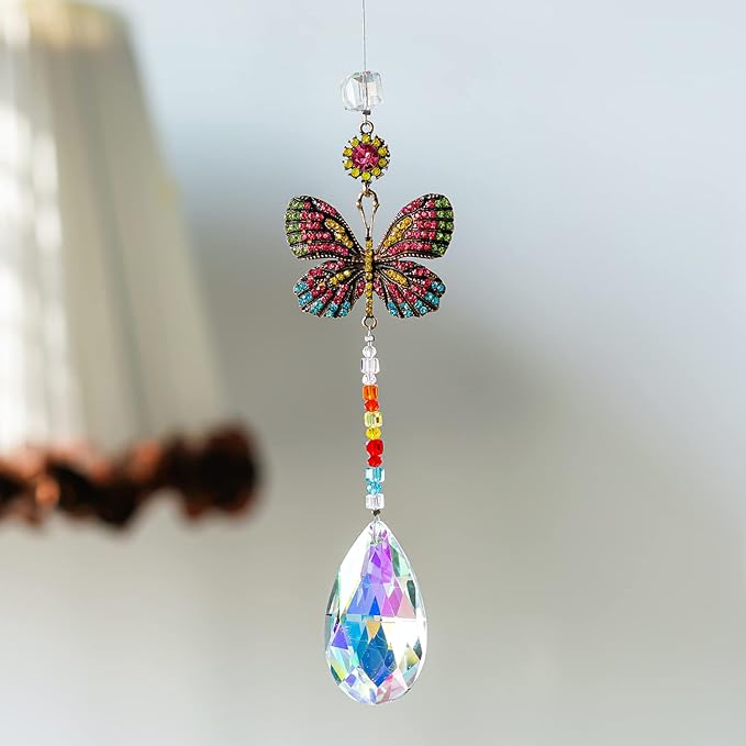 Hanging Butterfly Shaped Suncatcher Crystals, Glass Teardrop Prism Rhinestones Sun Catchers, Rainbow Maker Pendant Indoor Window Home Car Decor Gift
