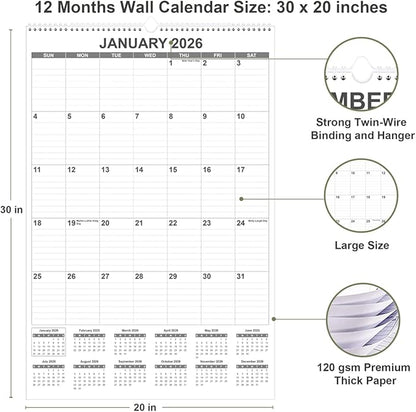 2026 Wall Calendar - Large Calendar 2026 from January 2026 - December 2026, 12 Months Calendar/Planner with Thick Paper, 20" x 30", Vertical, Black