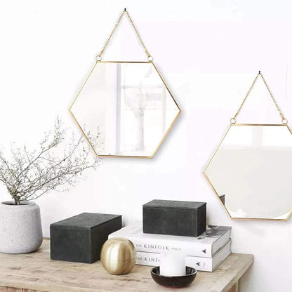 LONGWIN Hanging Wall Hexagon Mirror Decor Gold Geometric Mirror with Chain for Bathroom Bedroom Living Room 9.4"x 8.2"