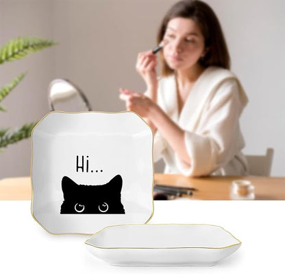 Cute Cat Themed Gifts, Ceramic Jewelry Dish Tray Holder, Trinket Dish, Funny Gifts for Cat Lover Owner Women Friend Birthday, Home Living Room Shelf Desk Table Decor