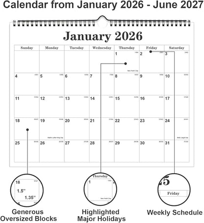 Calendar 2026 - Calendar 2026-2027 from January 2026 to June 2027, Spiral Binding Hanging Wall Calendar 2026 for Home/Office, 8.5" x 11", Black