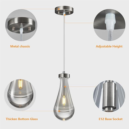 Raindrop Pendant Lights Kitchen Island Teardrop Nickel Hanging Light Fixtures Clear Solid Glass Pendant Light Modern Chandeliers for Dining Room Porch Corridor Living Room(3-Pack)