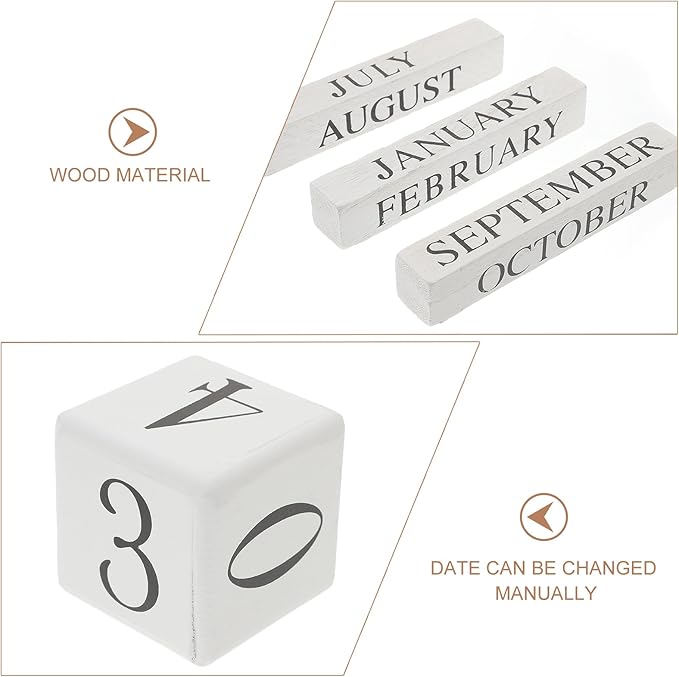 ULTNICE Wooden Perpetual Calendar Decorative Block for Home and Office Rustic European Style Date Display with White Finish Ideal Photography Prop and Desk Accessory (5.7 X 5.9 in)