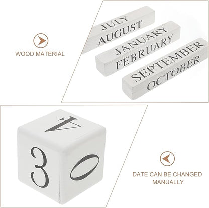 ULTNICE Wooden Perpetual Calendar Decorative Block for Home and Office Rustic European Style Date Display with White Finish Ideal Photography Prop and Desk Accessory (5.7 X 5.9 in)