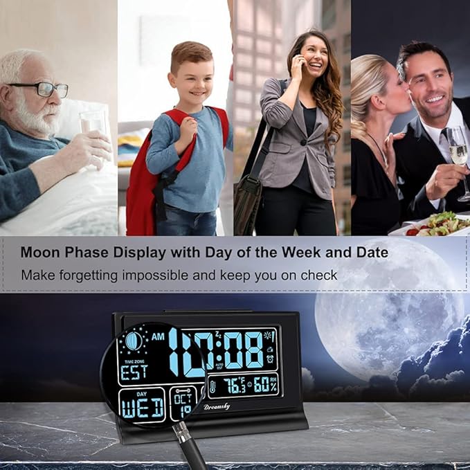 DreamSky Alarm Clocks for Bedrooms with Battery Backup, Auto Set Digital Clock with Date and Day of Week, Indoor Temperature Humidity, Moon Phase, Dimmer, Auto DST, USB Port