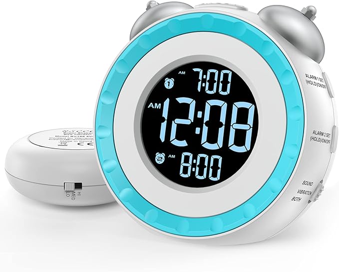 uscce Loud Dual Alarm Clock with Bed Shaker - 0-100% Dimmer, Vibrating Alarm Clock for Heavy Sleepers or Hearing Impaired, Easy to Set, USB Charging Port, Snooze, Battery Backup (White)