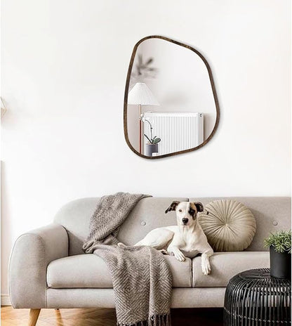 Asymmetrical Mirror Irregular Oval Wall Mirror Modern Wood Frame Unique Shape Wall Mounted Vanity Artistic Mirror Decorative for Living Room Bedroom Bathroom Entryway Hallway 20"x16"
