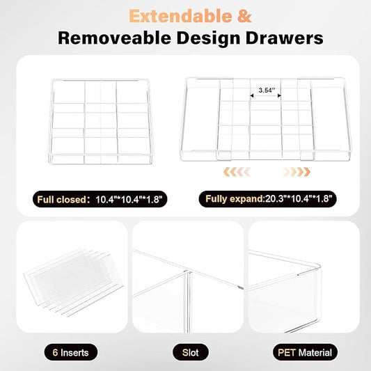 Expandable Desk Drawer Organizer, Acrylic Drawer Organizer Trays with 11 Adjustable Compartments 6 Removable Dividers Desk Accessories for Makeup Utensil Junk Office Kitchen Bathroom ( Clear, 2Pcs )