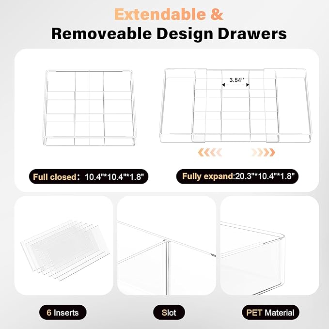 Expandable Desk Drawer Organizer, Acrylic Drawer Organizer Trays with 11 Adjustable Compartments 6 Removable Dividers Desk Accessories for Makeup Utensil Junk Office Kitchen Bathroom ( Clear, 1Pcs )