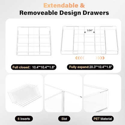 Expandable Desk Drawer Organizer, Acrylic Drawer Organizer Trays with 11 Adjustable Compartments 6 Removable Dividers Desk Accessories for Makeup Utensil Junk Office Kitchen Bathroom ( Clear, 1Pcs )