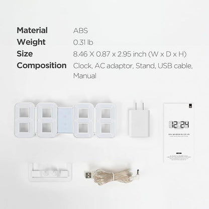 mooas 3D Pure mini White Gold LED Clock, Multi-Function LED Clock (Calendar, Alarm, Temperature) (8.5" White Gold Table Alarm Clock)