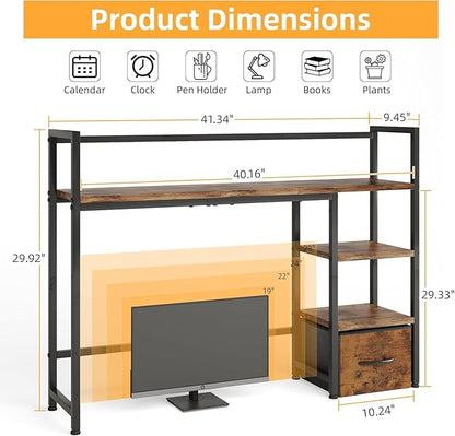 Desk Shelf with Drawer, 41.3" Desktop Organizer Shelf, Desk Hutch for Computer Monitor Max 32", 3 Tier Desktop Display Rack, Wooden Desk Top Bookshelf Storage Rack for Home Office Dorm, Rustic Brown