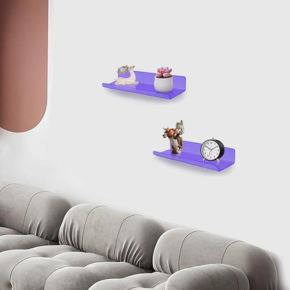 ROYALITA Small Acrylic Shelves Wall Mounted | Set of 2 | 12 Inches | Wall Hanging Plant Display Shelves, Room Decor Floating Wall Shelves for Gaming Room Bedroom, Living Room, Office, Purple