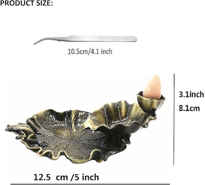 Waterfall Incense Cone Holder Lotus and Frog Bronze Backflow Insense Burner Metal Incense Holder Aromatherapy Ornament Home Decoration
