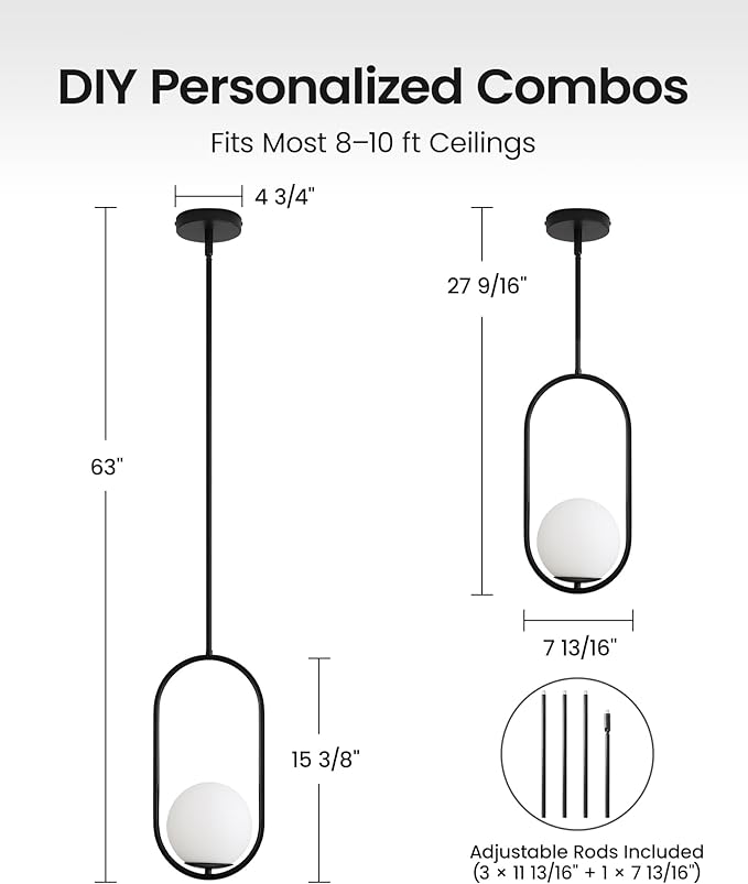 Yunnix Globe Pendant Lights Kitchen Island, 2 Pack Mid Century Modern Pendant Lights Milk Glass Hanging Light Fixture Black Chandelier for Bedroom Dining Room (Bulb Not Included)