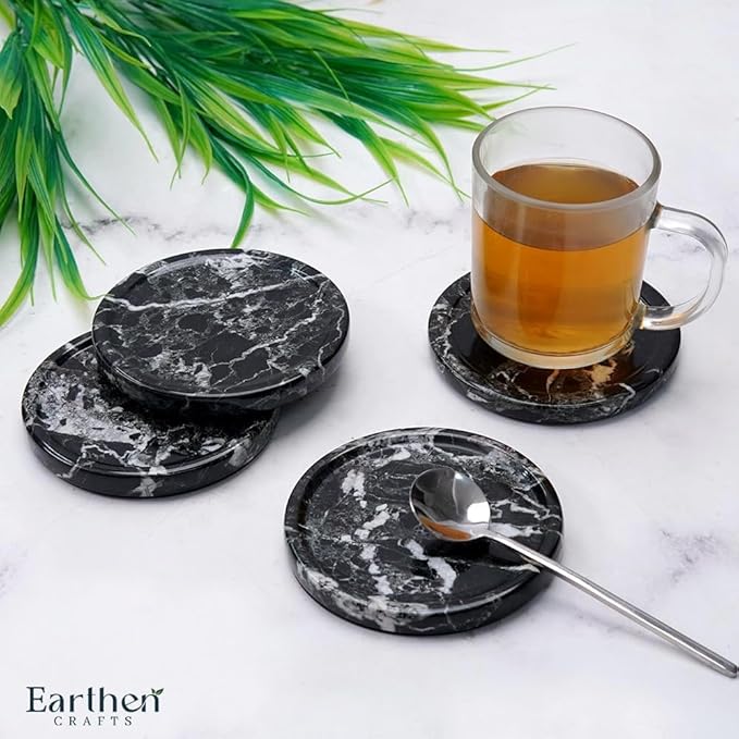 Marble Coasters Set of 4 for Drinks 4 Inches Round Black Stone Drink Coaster, Decorative for Coffee Table Decor, Kitchen Counter & Ideal