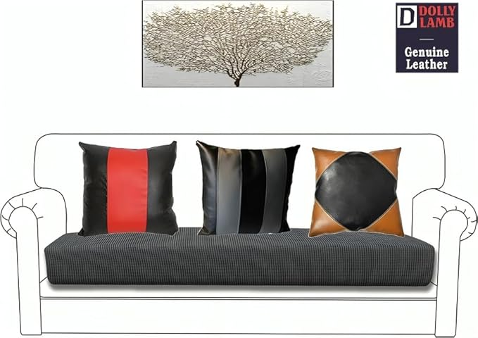 D DOLLY LAMB Lambskin Leather Pillow Cover - Sofa Cushion Case - Decorative Throw Covers for Living Room & Bedroom, 14x14 Inches - Camel Black Pack of 1
