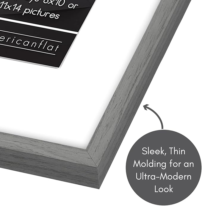 Americanflat 11x14 Picture Frame with Shatter-Resistant Glass - Use as 8x10 Frame with Mat or Display 11x14 Photo Without Mat - Streamline Collection - Thin Border Picture Frames for Wall - Grey