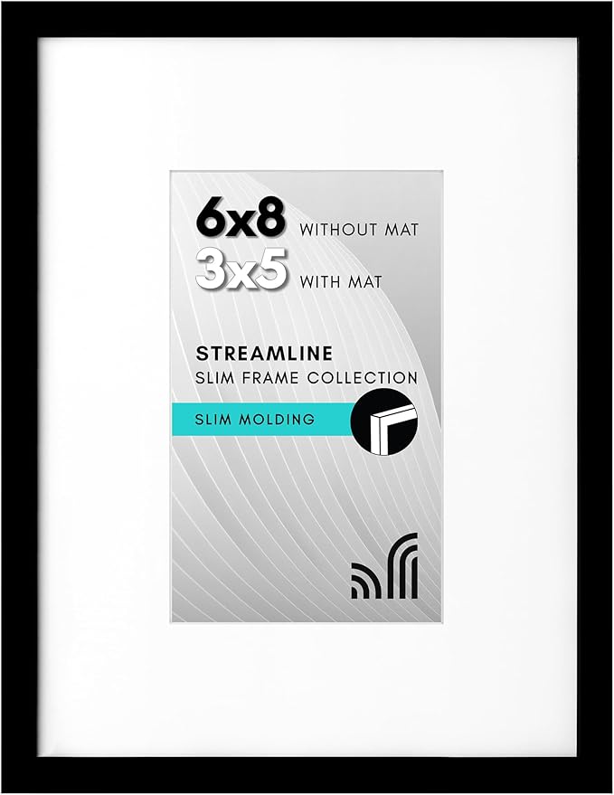 Americanflat 6x8 Picture Frame with Shatter-Resistant Glass - Use as 3x5 Frame with Mat or Display 6x8 Photo Without Mat - Streamline Collection - Picture Frames for Tabletop and Wall - Black