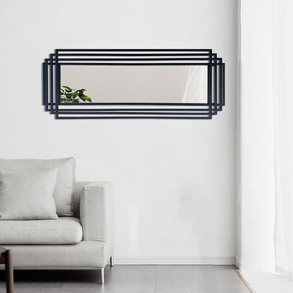 Rectangle Mirror, 42"x16" Geometric Art Mirror wirh Black Metal Frame, Modern Elegant Wall Mirrors for Living Room Bathroom Bedroom Entryway Hallway, Hangs Vertically or Horizontally