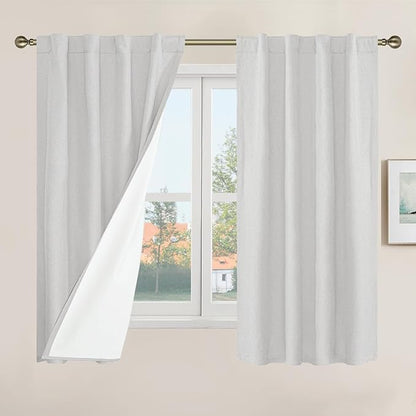 LAMIT Short Window Linen Curtains 48 Inch Length 2 Panels, 100% Blackout Linen Textured Thermal Curtains Back Tab and Rod Pocket Neutral Panels with White Liner for Bedroom, 34 x 48 Inch, Light Grey