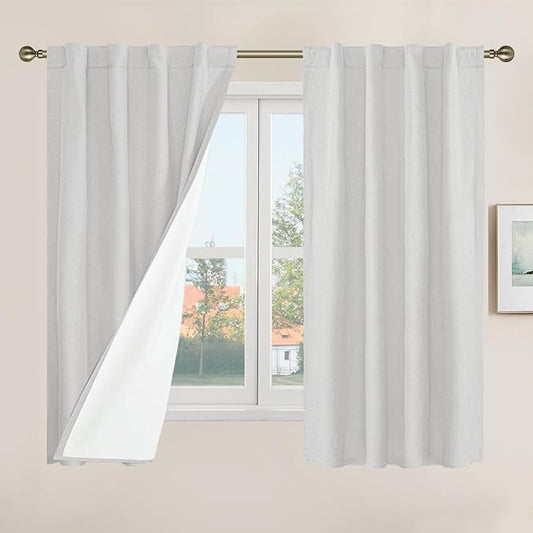 LAMIT Short Window Linen Curtains 48 Inch Length 2 Panels, 100% Blackout Linen Textured Thermal Curtains Back Tab and Rod Pocket Neutral Panels with White Liner for Bedroom, 34 x 48 Inch, Light Grey