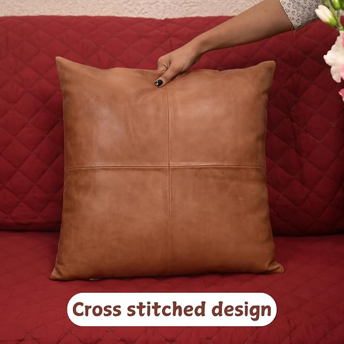 Lambskin Leather Pillow Cover - Sofa Cushion Case - Decorative Throw Covers for Living Room & Bedroom, 16x16 Inches - Antique Brown Plain Pack of 2