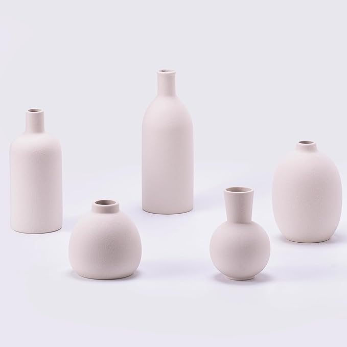 White Ceramic Flower Vase Set of 5, Modern Farmhouse Decorative Vases for Bookshelf, Dining Room Coffee Console Table Centerpieces