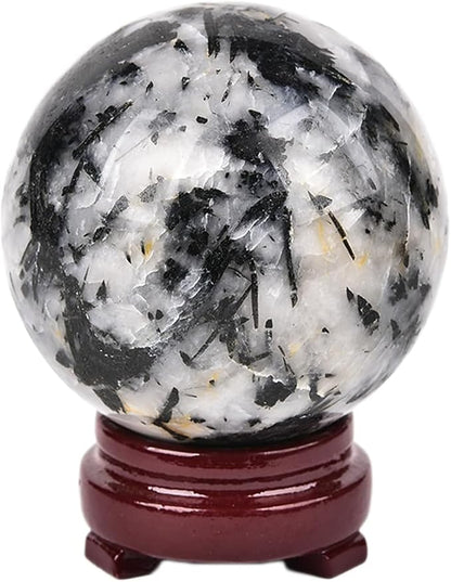 JIC Gem Natural Black and White Tourmaline Crystal Sphere with Wooden Stand Black Quartz Crystal Ball Healing Ornament Specimen Altar Reiki Crystal 60-70mm