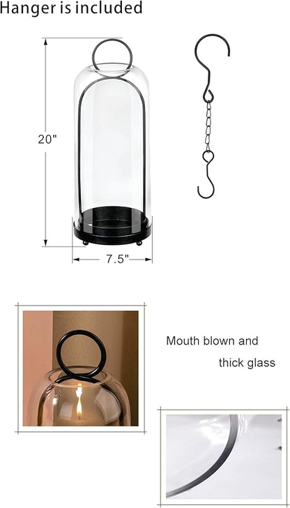 20" High Versatile Modern Metal Hurricane Lantern with Handmade Sturdy Glass Dome in Black for Pillar Candle & Plants, Industrial, Farmhouse, Shabby Chic (Black, 7.5"x20")