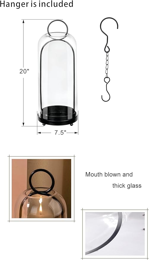 20" High Versatile Modern Metal Hurricane Lantern with Handmade Sturdy Glass Dome in Black for Pillar Candle & Plants, Industrial, Farmhouse, Shabby Chic (Black, 7.5"x20")