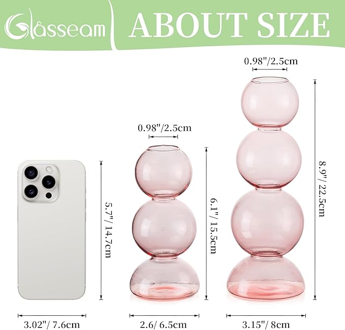 Glasseam Cute Pink Flower Vase, Unique Handmade Glass Vase for Flowers, Aesthetic Small Bud Vase Decor, Modern Ball Round Decorative Propagation Vases for Living Room Dining Table Decorations