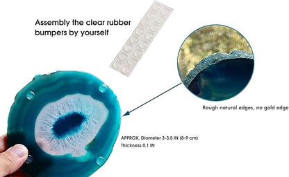 AMOYSTONE Teal Agate Coasters Set of 4, 3-3.5 Inch Handcrafted Slices, Lightweight Stone Coasters, for Teen Girl, College Dorm Room Decor