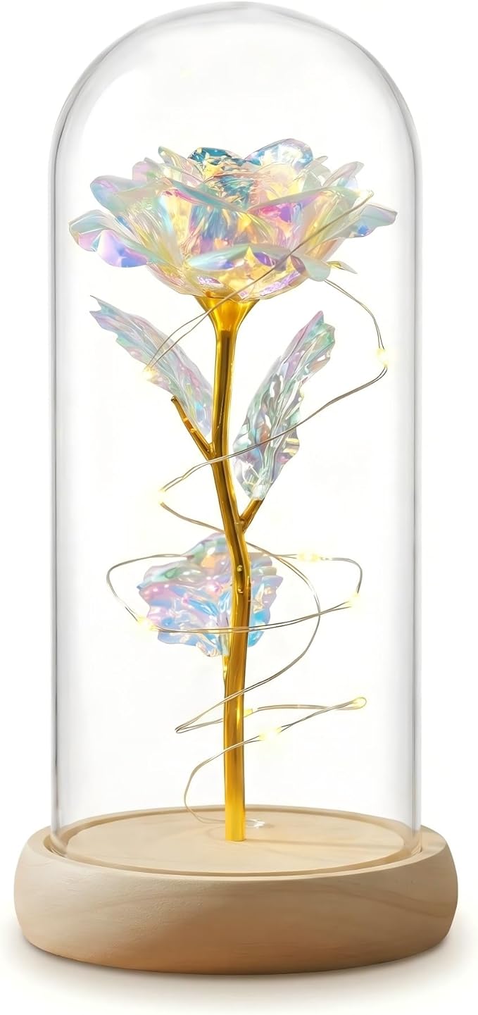 Preserved Fresh Flower in Glass Dome with LED Lights, Gold Stem Rose with Wooden Base, Romantic Home Decor Gift for Valentine's Day (A golden rose as a gift for mom or your lover)