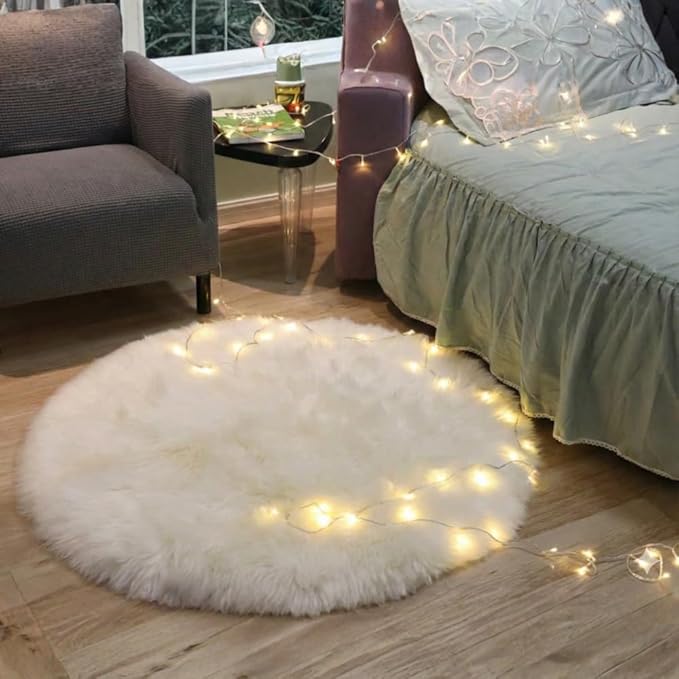 Woolous Round Sheepskin Rug Natural Wool Lambskin, White Circle Area Rug, Ultra Soft & Fluffy Plush Fur Non Slip Carpet for Bedroom, Living Room, Nursery & Floor Decor (3.3x3.3 ft)