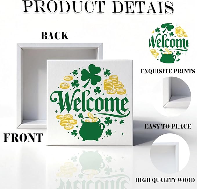 St. Patrick's Day Welcome Decor Wooden Box Sign, Pot of Gold Shamrock Tabletop Welcome Sign for Home Entryway Shelf Desk, Festive Farmhouse Holiday Wooden Decor Irish Theme 5 x 5 Inches